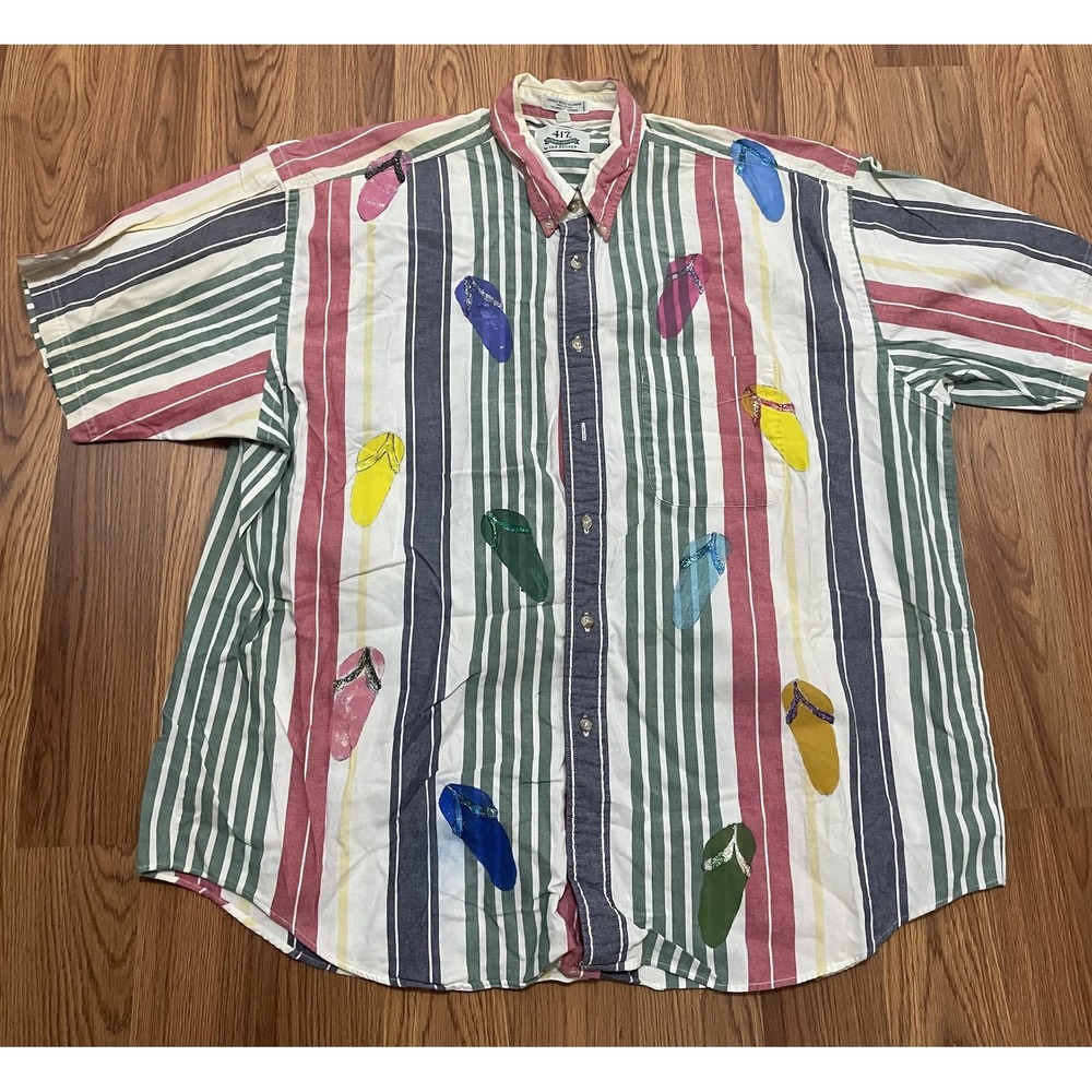 Van Heusen 417 Shirt Mens XL Flip Flop Print Striped Casual Button Front